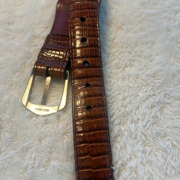 Vintage Brown Belt Sz 34 Fishtail Braided Fullgrain Leather Reptile Brass Buckle - Picture 9 of 16